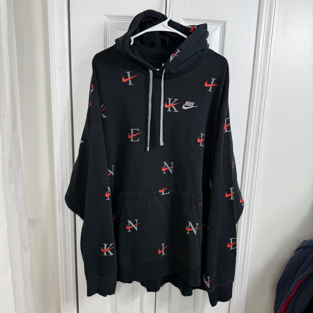 Nike All Over Print Hoodie 4XL Black Red Swoosh Y2K Streetwear Graphic Pullover
